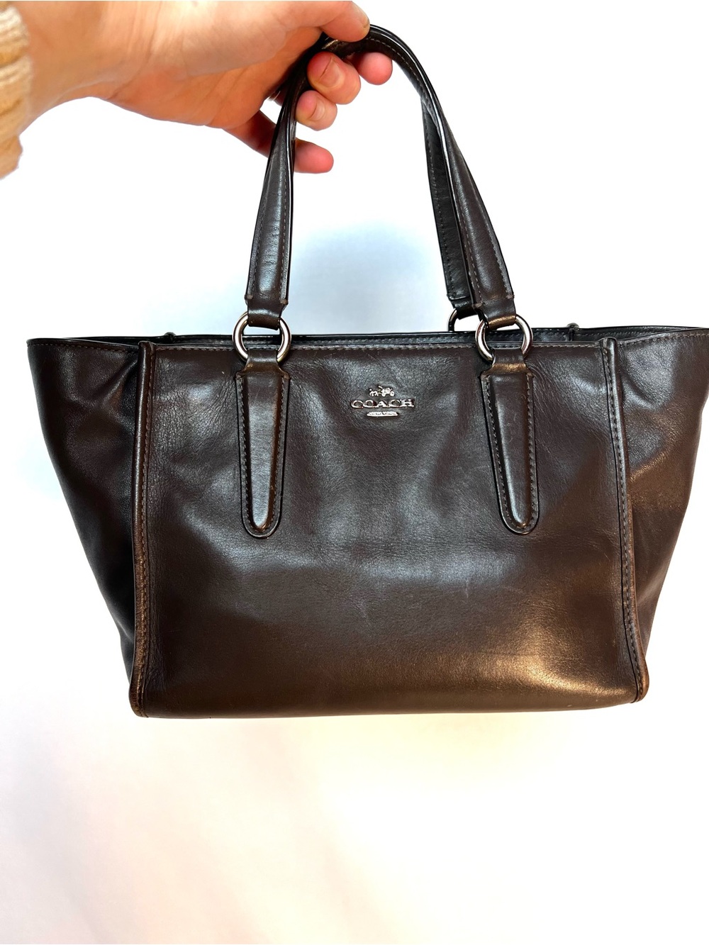 Coach Dark Taupe Small Leather Tote Satchel Bag Silver Hardware - Picture 4 of 14